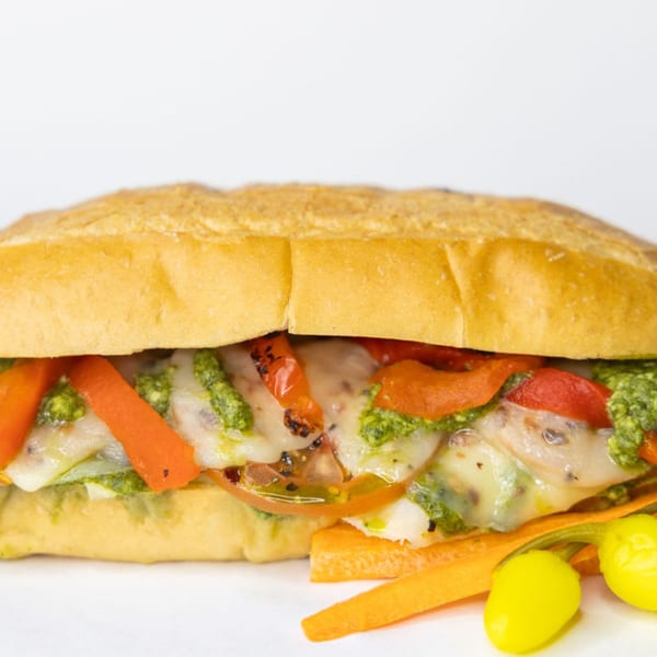 The Sub Station's pesto sub with melted cheese, roasted red peppers, and carrots.